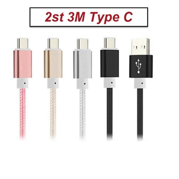 2st 3m Hög kvalitet USB-C snabbladdning laddare kabel Type-C Guld