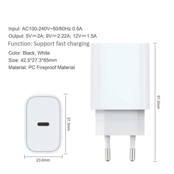 iPhone laddare för Apple 12 Pro Max USB-C strömadapter 20W PD Vit