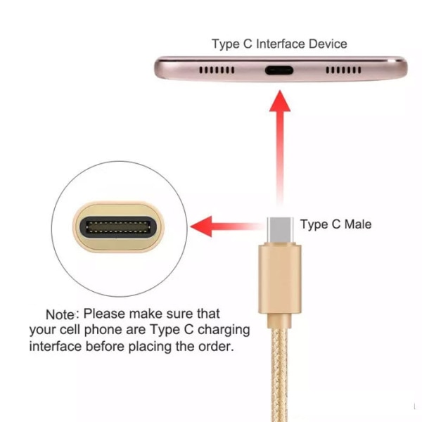 3m Hög kvalitets USB-C SnabbladdningsKabel laddare Type-C Guld