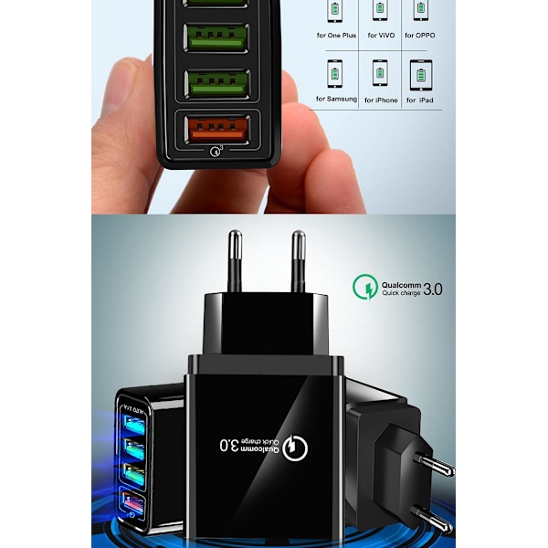 4 Port Snabbladdning 4,8A väggladdare QC3.0 Svart