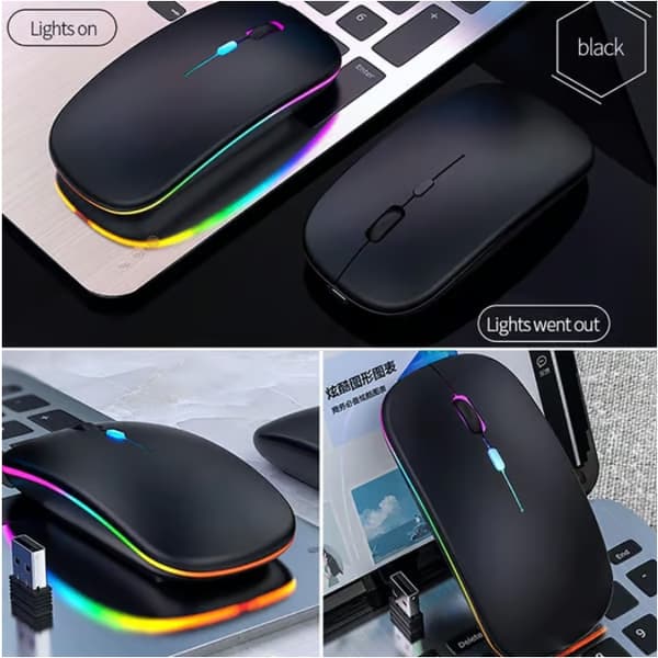 Trådløs mus – Bluetooth og 2,4 GHz – optisk – RGB – genopladelig – slank – sort