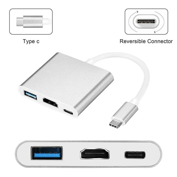 USB-C Multiport Adapter til USB (PD), HDMI 4K og USB-C Silver Silver