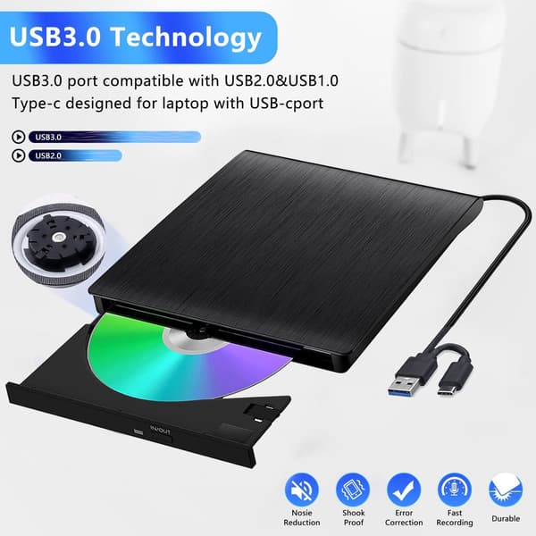 Ulkoinen USB-DVD/CD-asema – Ohut ulkoinen optinen asema USB-C- ja USB-A-liitännöillä  【