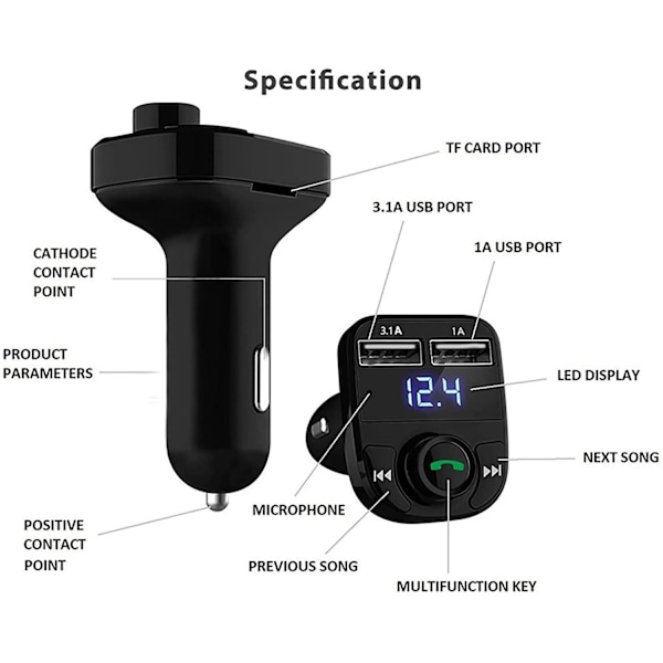 FM-lähetin X8 Bluetoothilla ja handsfreellä Black