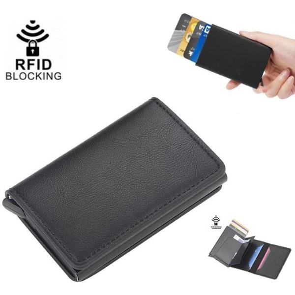 Läder plånbok korthållare RFID - NFC skydd 7-kort Svart