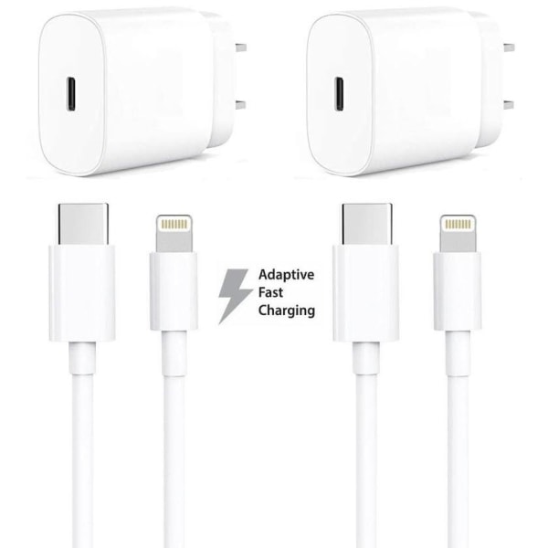 2-Pack iPhone laddare Apple 11/12/13 USB-C strömadapter 20W + 1m Vit