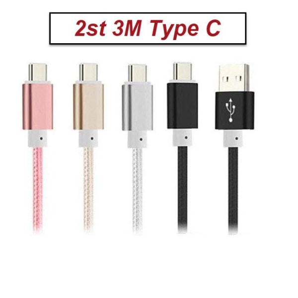 2st 3m Hög kvalitet USB-C snabbladdning laddare kabel Type-C Svart