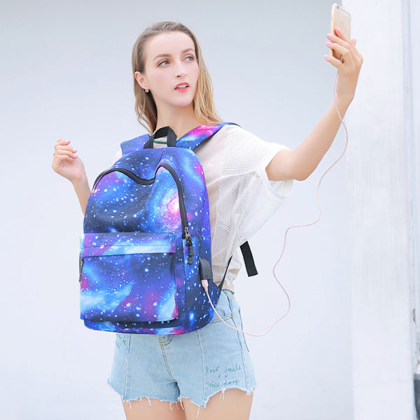Starry Sky Ryggsäck USB Laddning Student Campus Skolväska