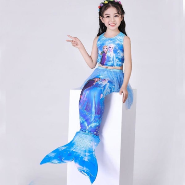 Frozen Elsa Anna flickbaddräkt Tyllkjol Mermaid Tail Bikini 4st set Badkläder Blue 7-8 Years