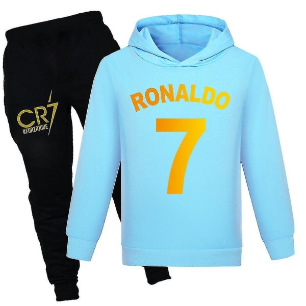 Barn Pojkar Och Flickor Ronaldo Tryckt Långärmad Hoodie + Byxor Casual Kläder Set Sportkläder light blue 9-10 Years