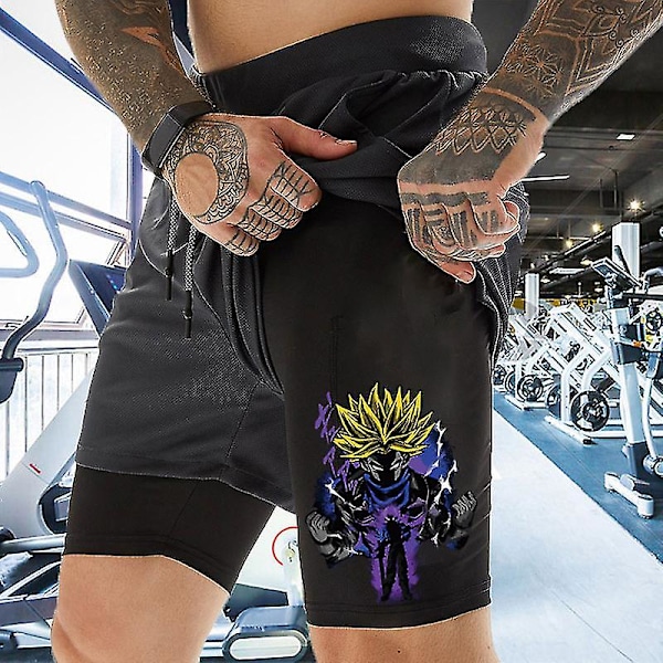 Anime Print 2 i 1 Gym Shorts för Män Atletiska Träningsshorts Med Foder Kroppsbyggnadsträning Löpning Jogging Snabbtorkande Black 8 S