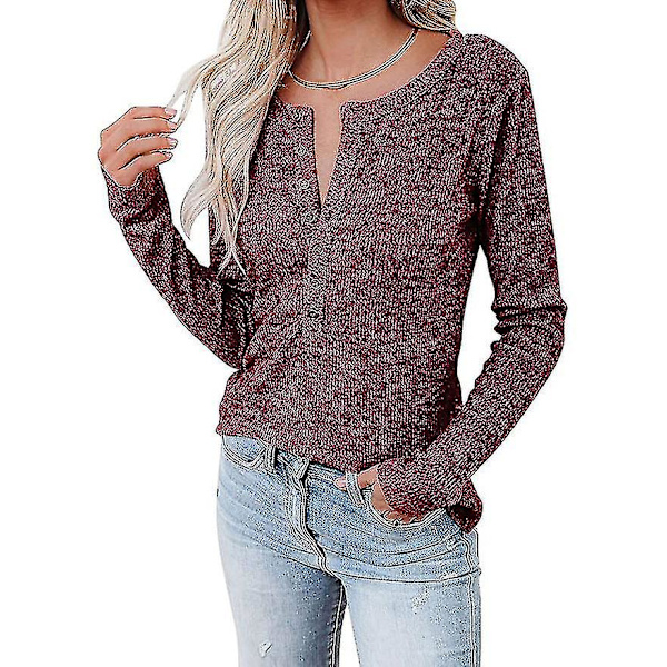 Kvinnors höst-/vintermode V-ringad print Långärmad Casual Lös T-shirt Plus Size Burgundy S