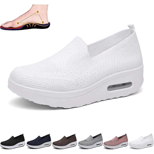 Ortopediska Sneakers för kvinnor, Mesh Up Stretch Platform Sneakers, Bekväma Casual Fashion Sneaker Walking Shoes (svarta, 7,5) White EUR37