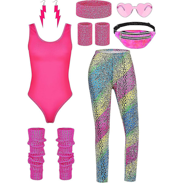 8 delar Kvinnor 80-tals träningskostym Halloween 90-tals outfit Accessoarer Set Leotard Rumväska Glasögon Pannband Benvärmare Iridescence Large