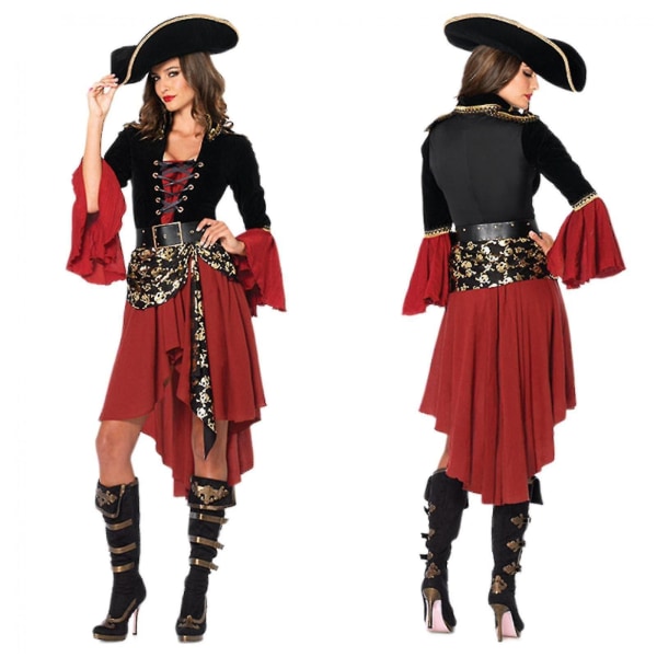Dam 3 st Cruel Seas Pirate Kapten Klänning Kostym med fäst skärp, bälte, hatt, svart/vinröd 2XL