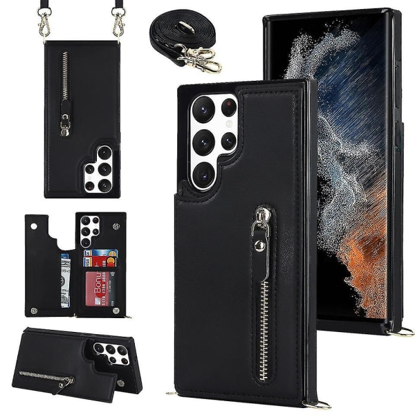 Crossbody axelrem case Kompatibel Samsung Galaxy S23 Ultra/ S23+/ S23 med korthållare Stötsäker Black for S23