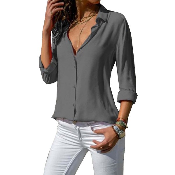 Kvinnor långärmad solid Button Down Lapel Shirt Gray L