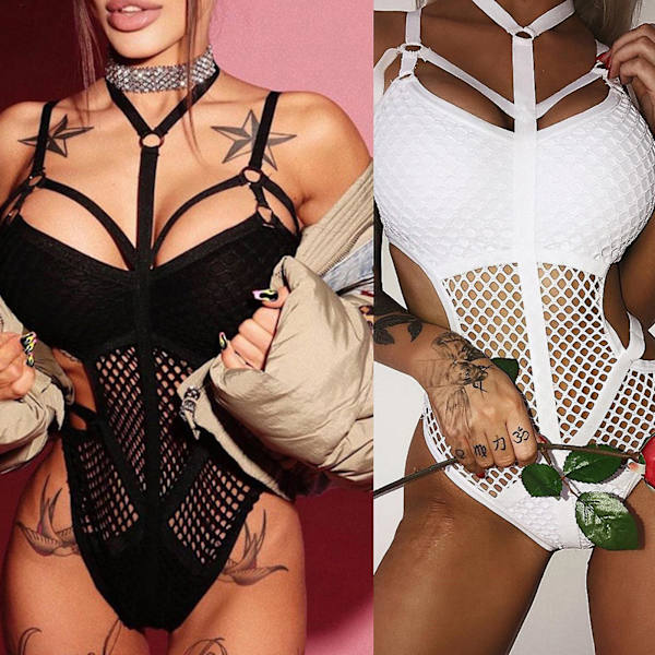 Kvinnor Sexig Hollow Out Bodycon Fishnet Halter Bodysuits Patchwork Underkläder Röd L