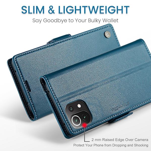 Caseme 023 Series Case För Xiaomi Mi 11 Lite 4g / 5g / 11 Lite 5g Ne , Pu Läder Litchi Texture Stand Rfid Blocking Phone Cover Blue