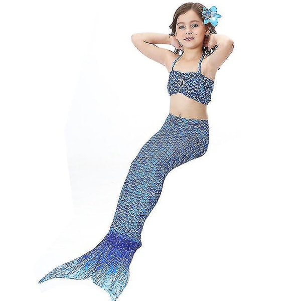 Barn Flickor Mermaid Tail Bikini Set Badkläder Baddräkt Simdräkt Dark Blue 6-7 Years