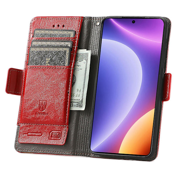Caseneo 002 Series Phone case För Xiaomi Redmi Note 12 Turbo / Poco F5 5g, Splicing Pu Leather Rfid Blocking Stand Cover Red