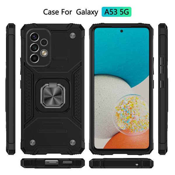 Xhy Samsung Galaxy A53 5G Case med skärmskydd Magnetisk ringhållare Kickstand Militärklass helkropp Dubbellager Drop Protection Du black