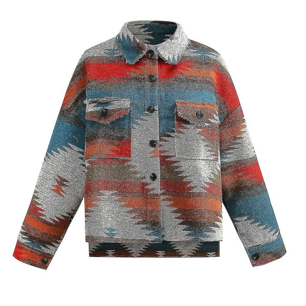 Dam vintage skjorta Aztec Print långärmad jacka Button Down Lapel Loose Coat Red L