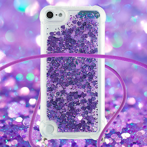 Long Lanyard Glitter Liquid Quicksand Tpu Cover för Ipod Touch (2019)/ipod Touch 6/5 - Mörklila hjärtan Dark Purple Hearts