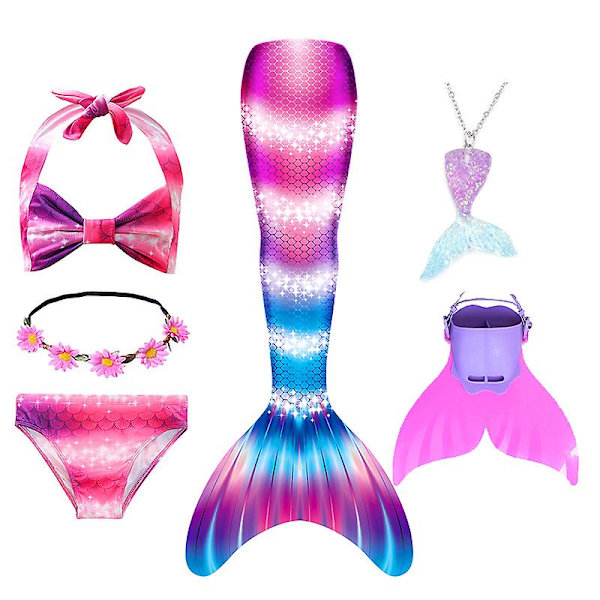 Sommarflicka sjöjungfru stjärt med monofin Halloween kostym prinsessa klänning baddräkt bikini badkläder för simning V 150cm(11-12T) 6PCS with fins6