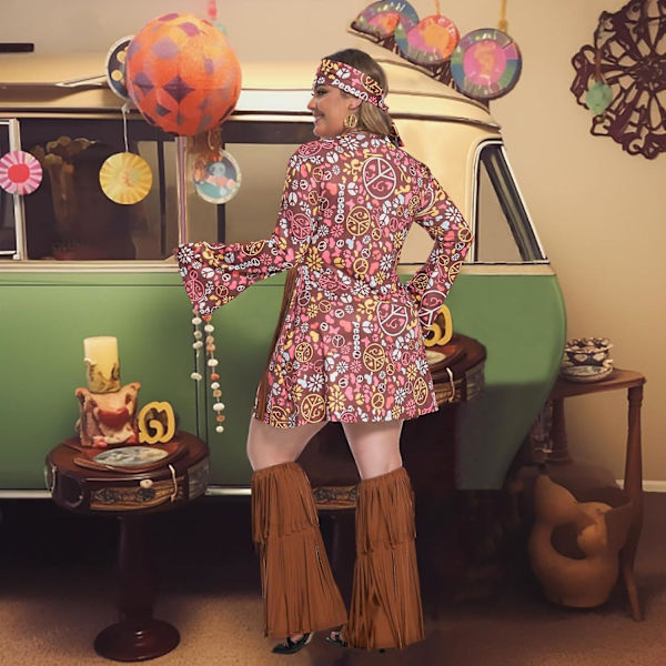 Plus Size Hippie Kostym för Kvinnor 60-tal 70-tal Disco Kläder Halloween Festklänning Set Khaki 4-6