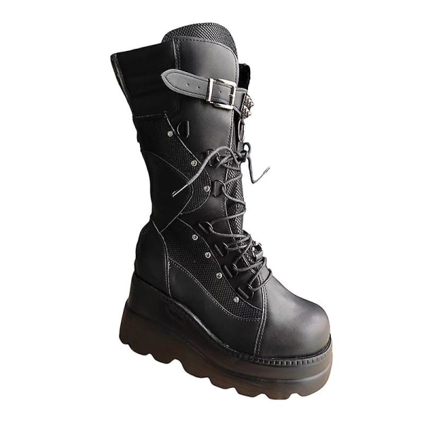 Platformstövlar damer Spänne rem Punk Goth Boot Dam Gothic Snörskor Sz Black EU 39