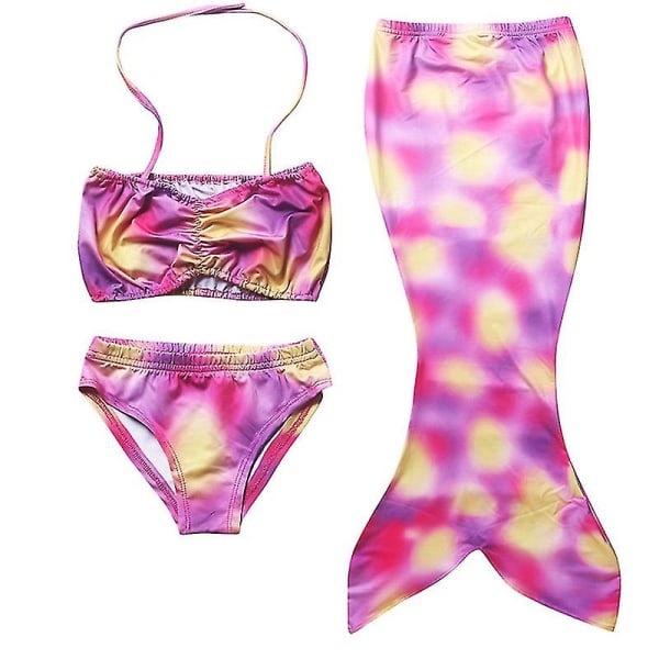 Barn Flickor Mermaid Tail Bikini Set Beach Badkläder Baddräkt 3st/ set Purple Yellow 5-6 Years