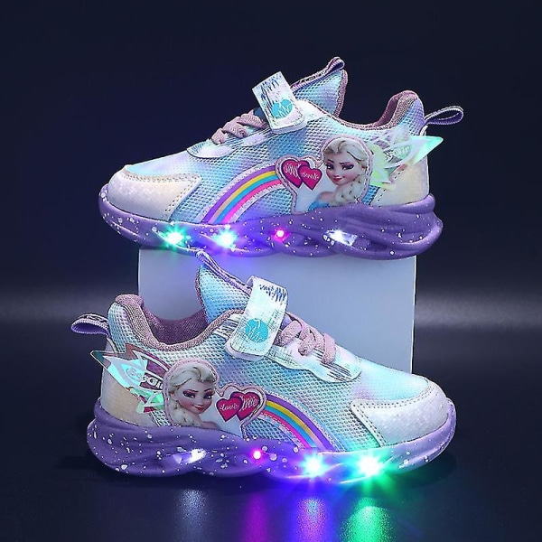 Tjejer Led Casual Sneakers Elsa Princess Print Utomhusskor Barn Light-up Halkfria skor för vår och vinter Purple 24-insole 14.7cm