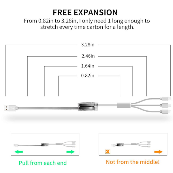 Infällbar Multi USB -laddarkabel - Universal 3-i-1-adapter för telefoner och surfplattor null none