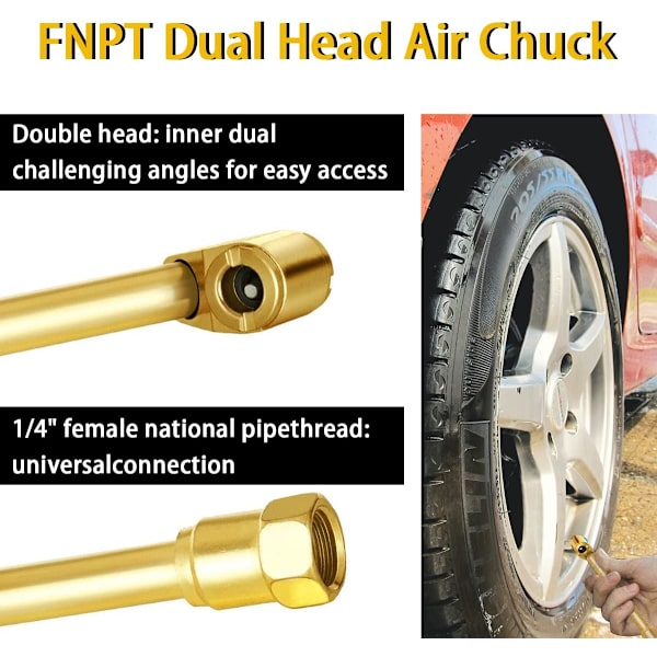 zipelo 2-vägs anslutning Heavy Duty Air Chuck Set, 1/4&#34; Kvinna NPT Closed Ball Tire Chuck, Heavy Duty Dual Head, Standard Hane Quick Plug