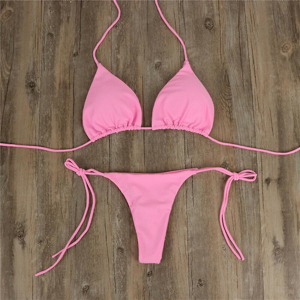 Ultratunn elastisk stringtrosa för kvinnor, bikiniset set Sexig enfärgad baddräkt Bandage stil brasilianska badkläder C XL Pink