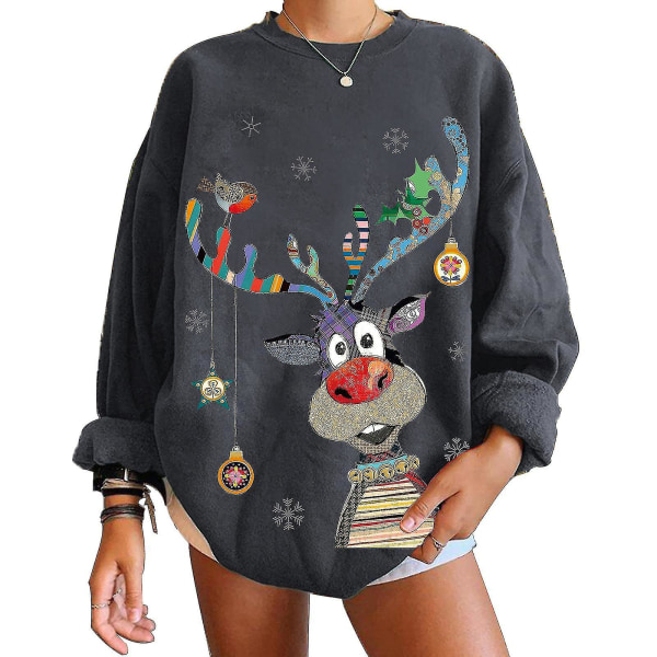 Christmas Sweatshirt Crewneck Pullover Långärmad Lösa Toppar Älg Print Skjorta Dark Gray M