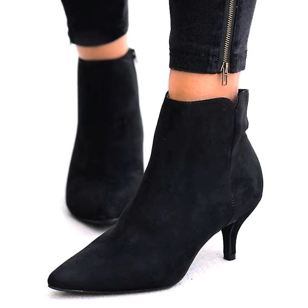 Kvinnor Kattunge Zip Låg klack Ankel Booties spetsig tå Korta stövlar Skor Black 41