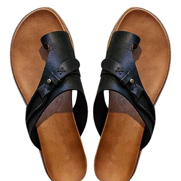 Dam Ortopediska Retro Flats Tofflor Toe Ring Sandaler Sommar Beach Holiday Skor Black EU41