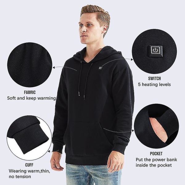 Vinter Herr och Dam USB Uppvärmda Luvtröjor Bomull Dragkedja Ficka Ull Tjock Lovers Höst/vinter Uppvärmning Casual Luvtröjor Svart