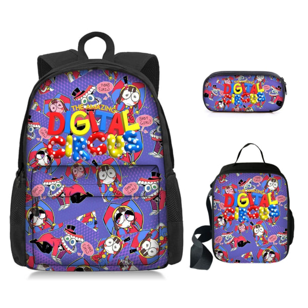 Gränsöverskridande Digital Amazing Circus Student School Bag med Front Bag Ryggsäck Endelager Pen Bag Termisk Lunch Bag Set med Tre 6 Front Bag 16 tum Paket