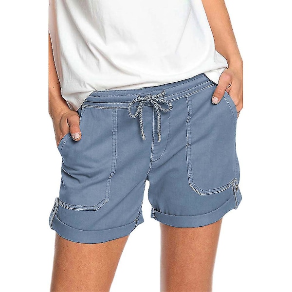 Dam sommar elastisk midja dragsko cargoshorts med fickor korta byxor Blue 3XL