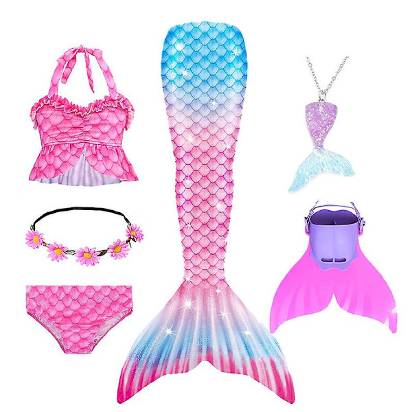 Sommarflicka sjöjungfru stjärt med monofin Halloween kostym prinsessa klänning baddräkt bikini badkläder för simning V 120cm(5-6T) 6PCS with fins8