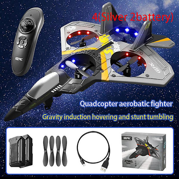 V17 Rc 2,4g 4 Motor Fjärrkontroll Fighter Epp Foam Glider Flygplan för pojke Silver 2battery