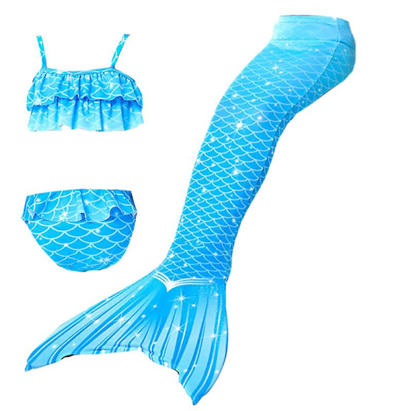 Sommarflicka sjöjungfru stjärt med monofin Halloween kostym prinsessa klänning baddräkt bikini badkläder för simning V 150cm(11-12T) 3PCS without fins15