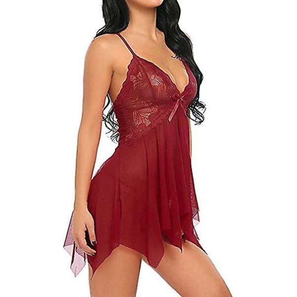 Damunderkläder Set Mjuk Babydoll Spetskopp Sling Nattkläder Mesh Chemise Sovkläder Klänning Wine Red M