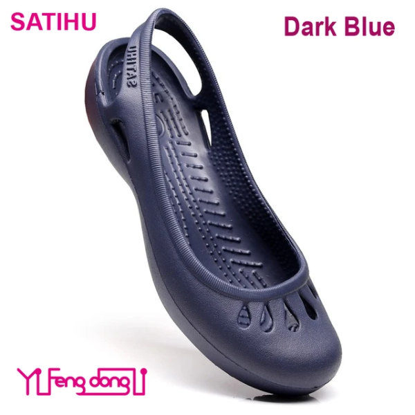 Certifierad Satihu Summer New Lättvikts Anti-Slip Hole Skor Träskor för kvinnors plattbottnade sandaler Sjuksköterska Outdoor Beach Jelly Dark Blue W9--250mm--40