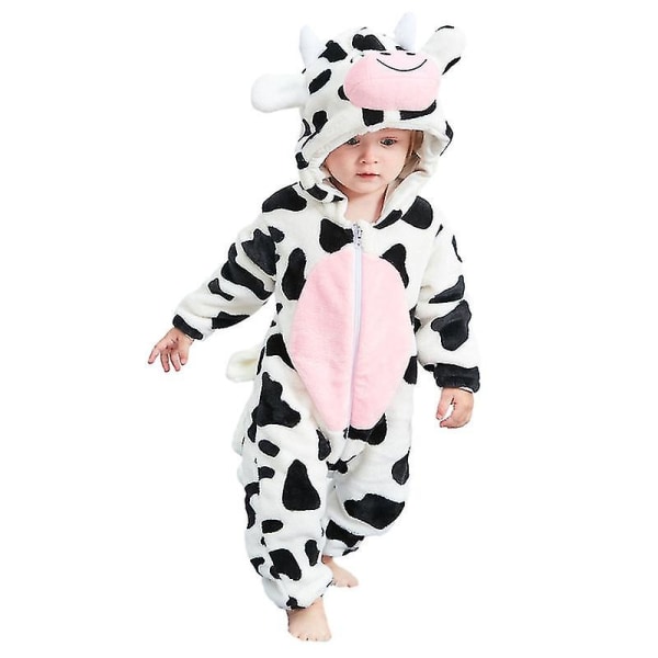 Unisex baby Vinter Höst Flanell Huva Romper Cosplay Jumpsuit dairy cow 80