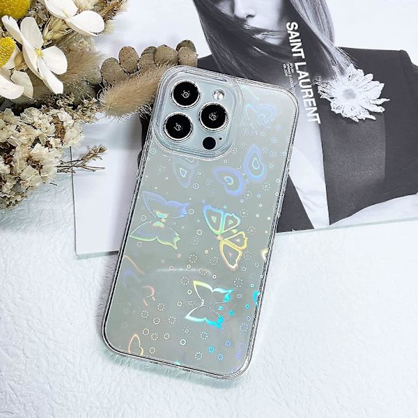 Kompatibel med Iphone 13 Pro Max Case, Klar Laser Glitter Bling Circular Mjuk & Flexibel TPU Och Hård Pc Stötsäker Case För Kvinnor Flickor C Butterfly  Clear