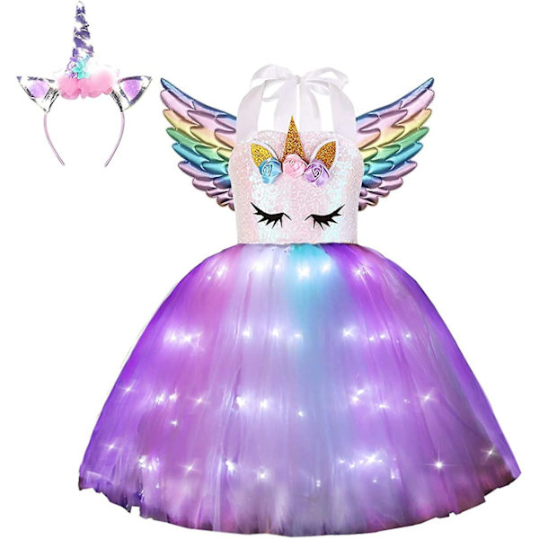 Enhörningsdräkt för flickor Led Light Up Tutu Dress Up Födelsedagspresenter Prinsessklänning till Halloweenfest White Led-sequins 2-3 Years